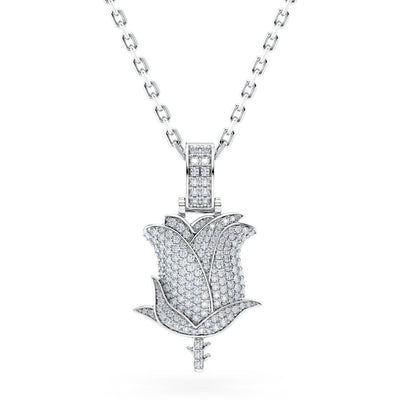 Silver Diamond Rose Pendant with Cable Chain