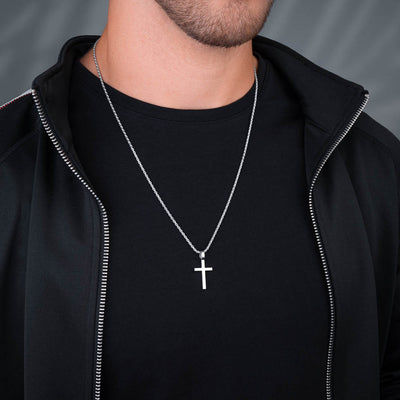 Men's Silver Cross Pendant on a Rope ChainSize: 2mm (24")
